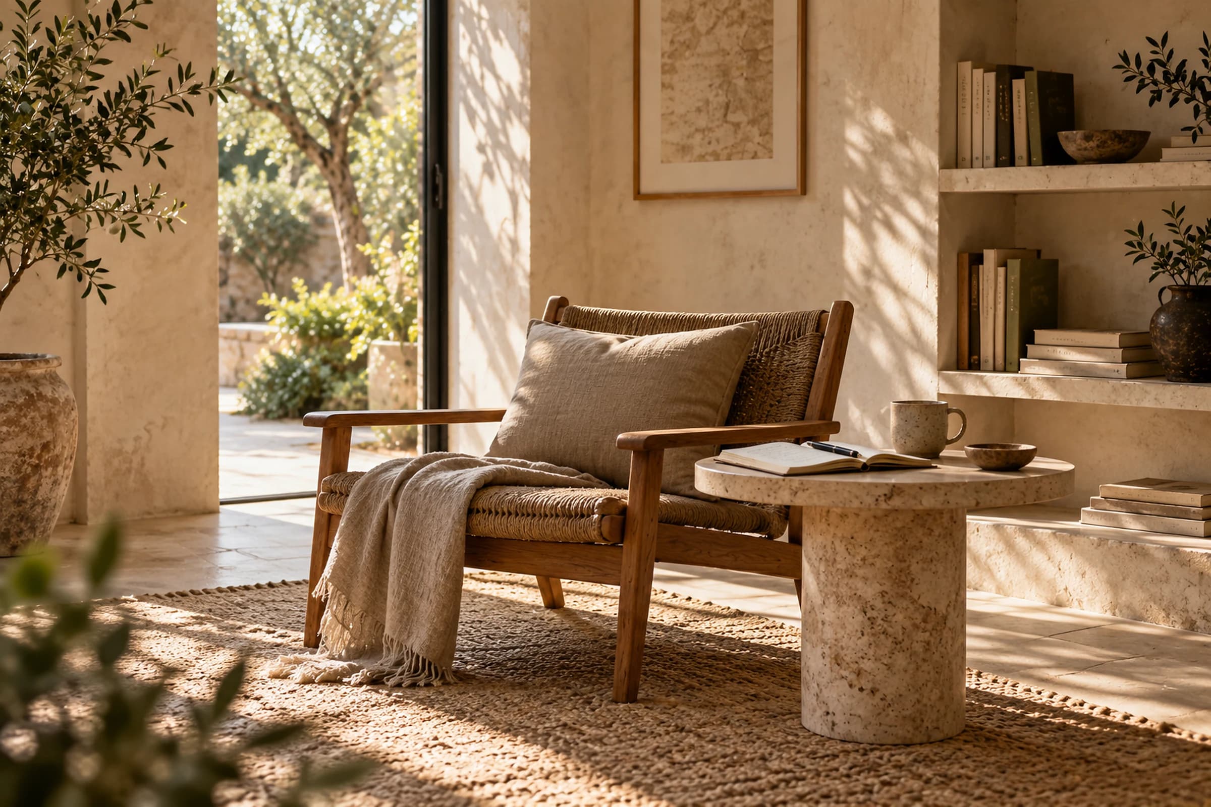 Cadeira de leitura num interior mediterrânico silencioso, com luz natural e espaço para fazer uma pausa antes de decidir