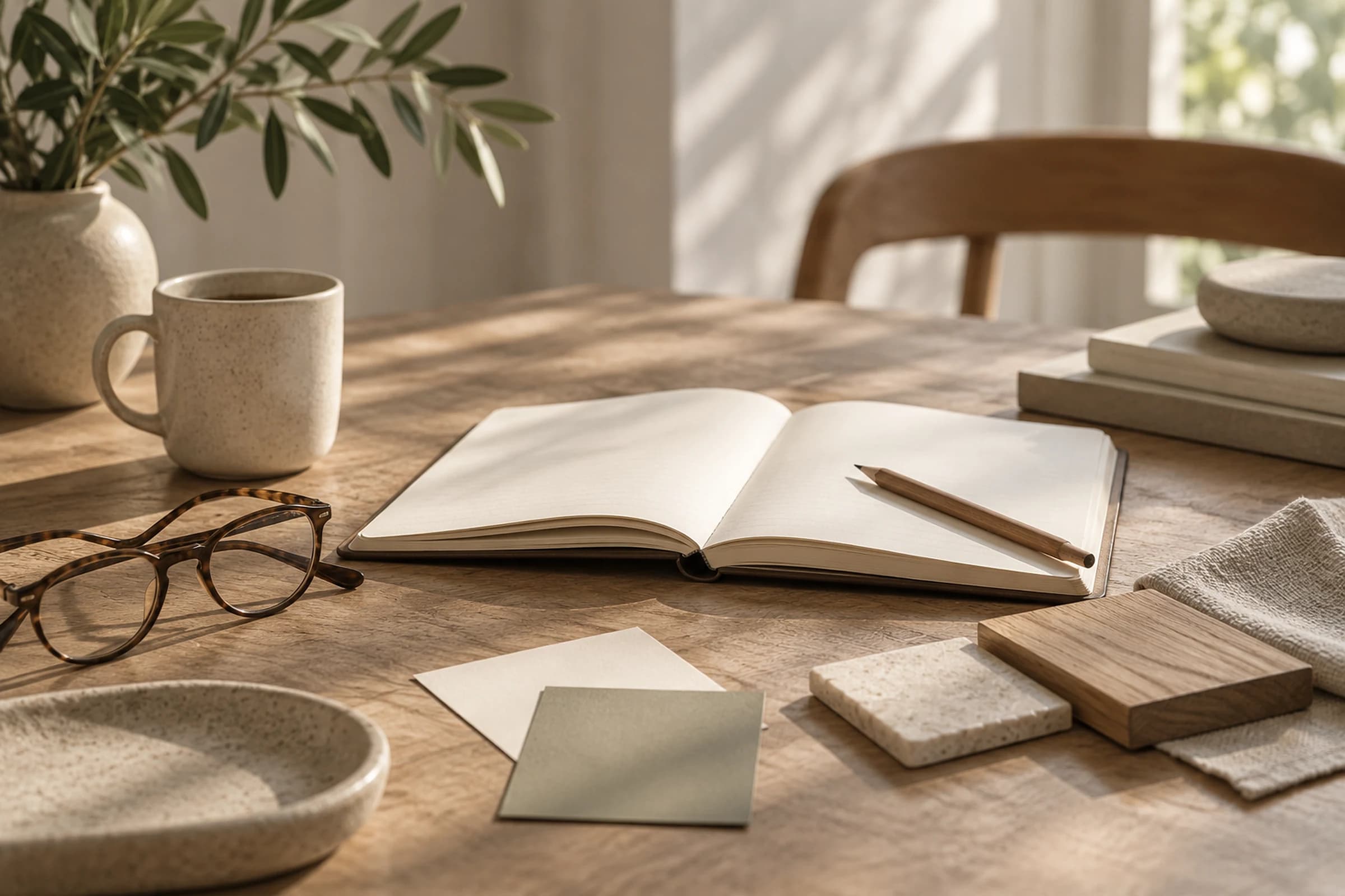 Caderno aberto, amostras de materiais e objetos de contexto sobre uma mesa, sugerindo uma recomendação baseada em necessidades reais