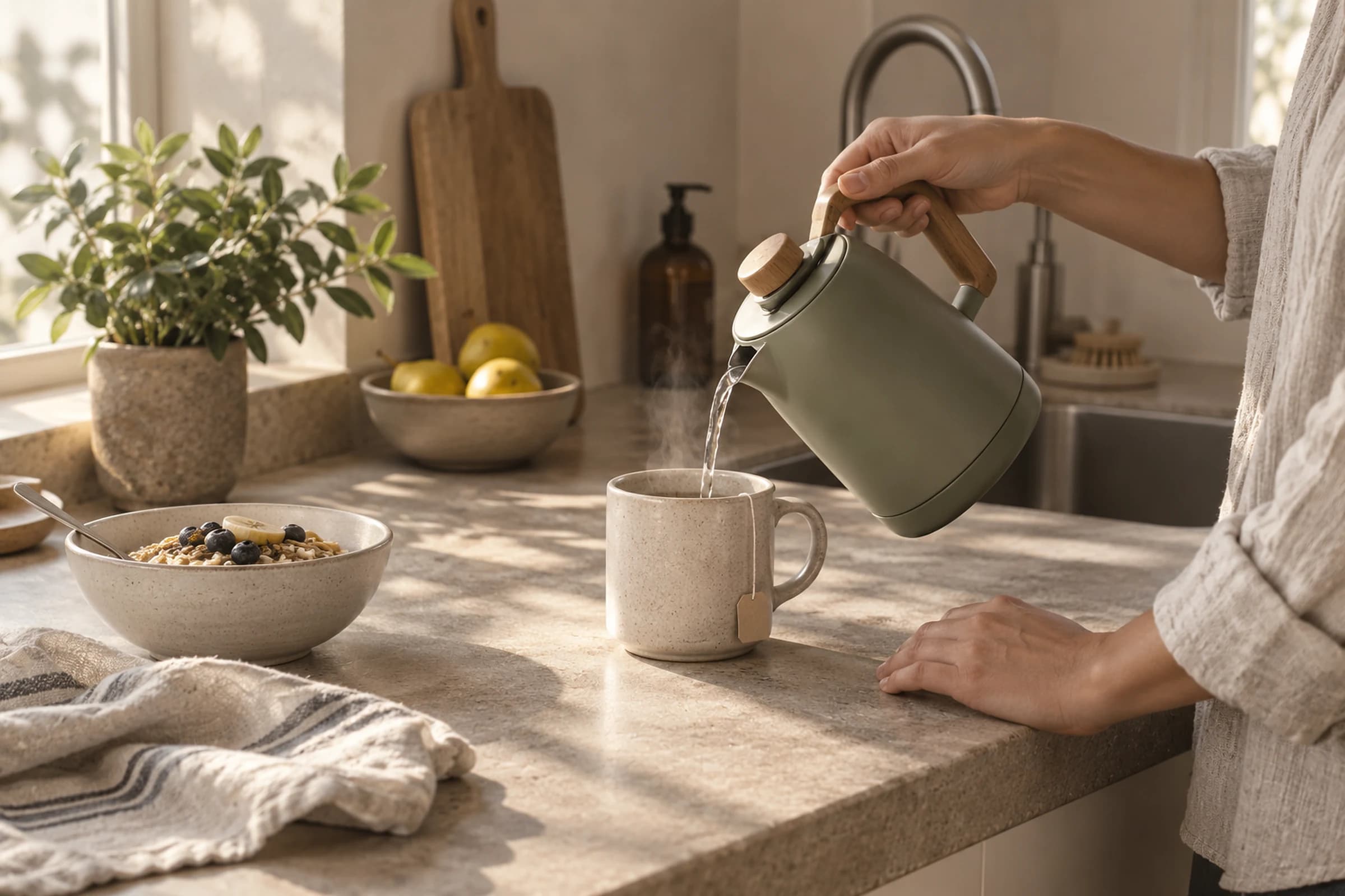Pessoa a preparar uma bebida quente numa cozinha mediterrânica, integrando um gesto simples numa rotina doméstica