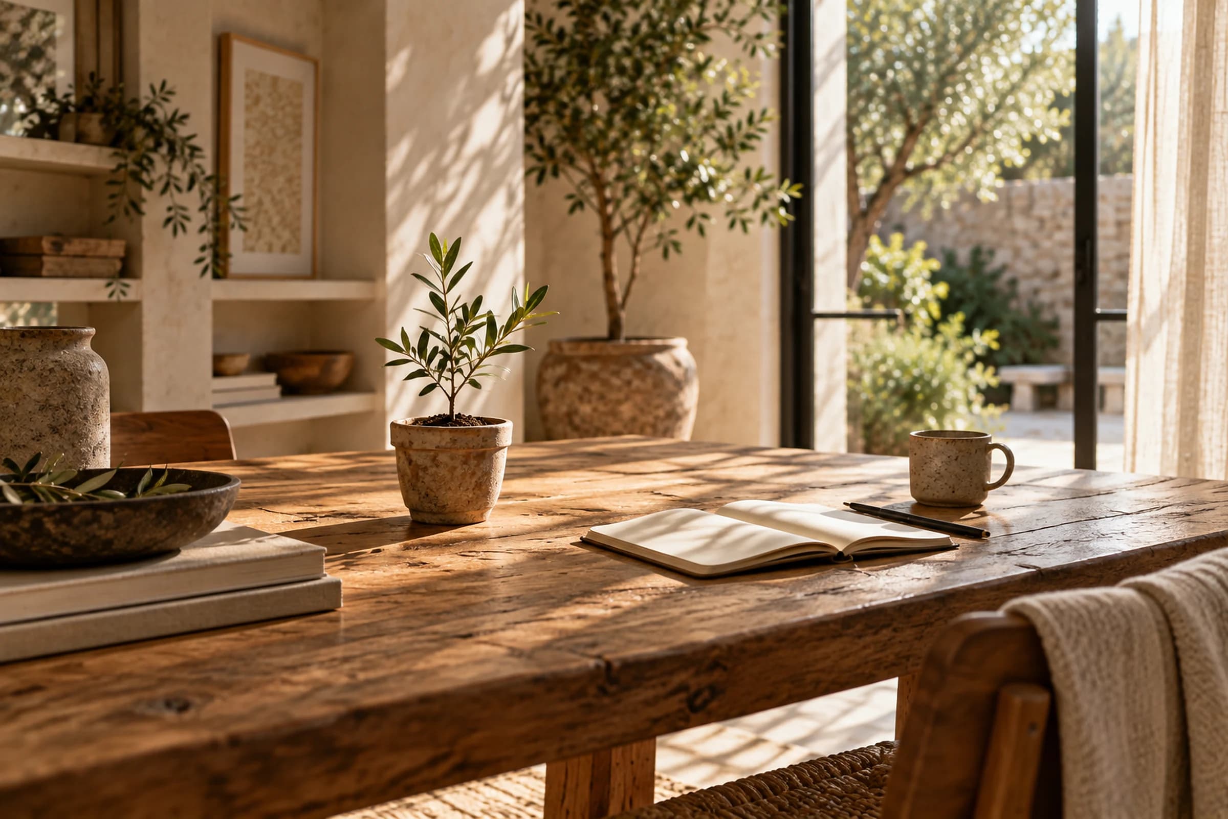 Pequena planta jovem sobre uma mesa ampla, sugerindo crescimento a partir de um primeiro passo simples