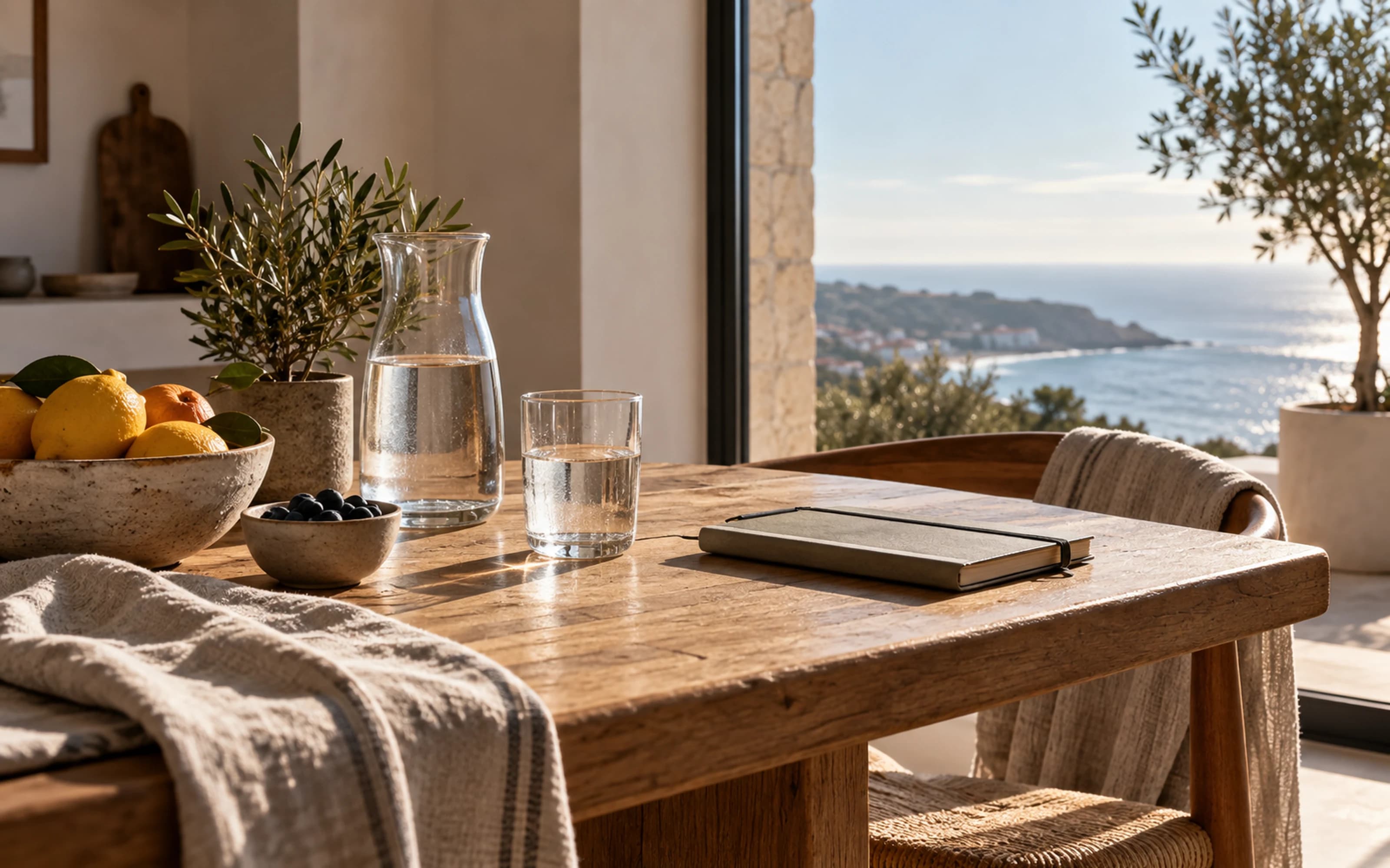 Mesa de madeira com água, fruta e caderno junto a uma janela aberta para a costa